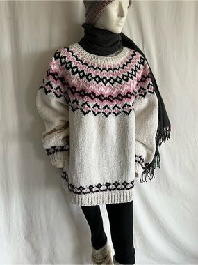 Hand Knit Fair Isle Sweater Oversized Pink Black Ivory Nordic Wool Look